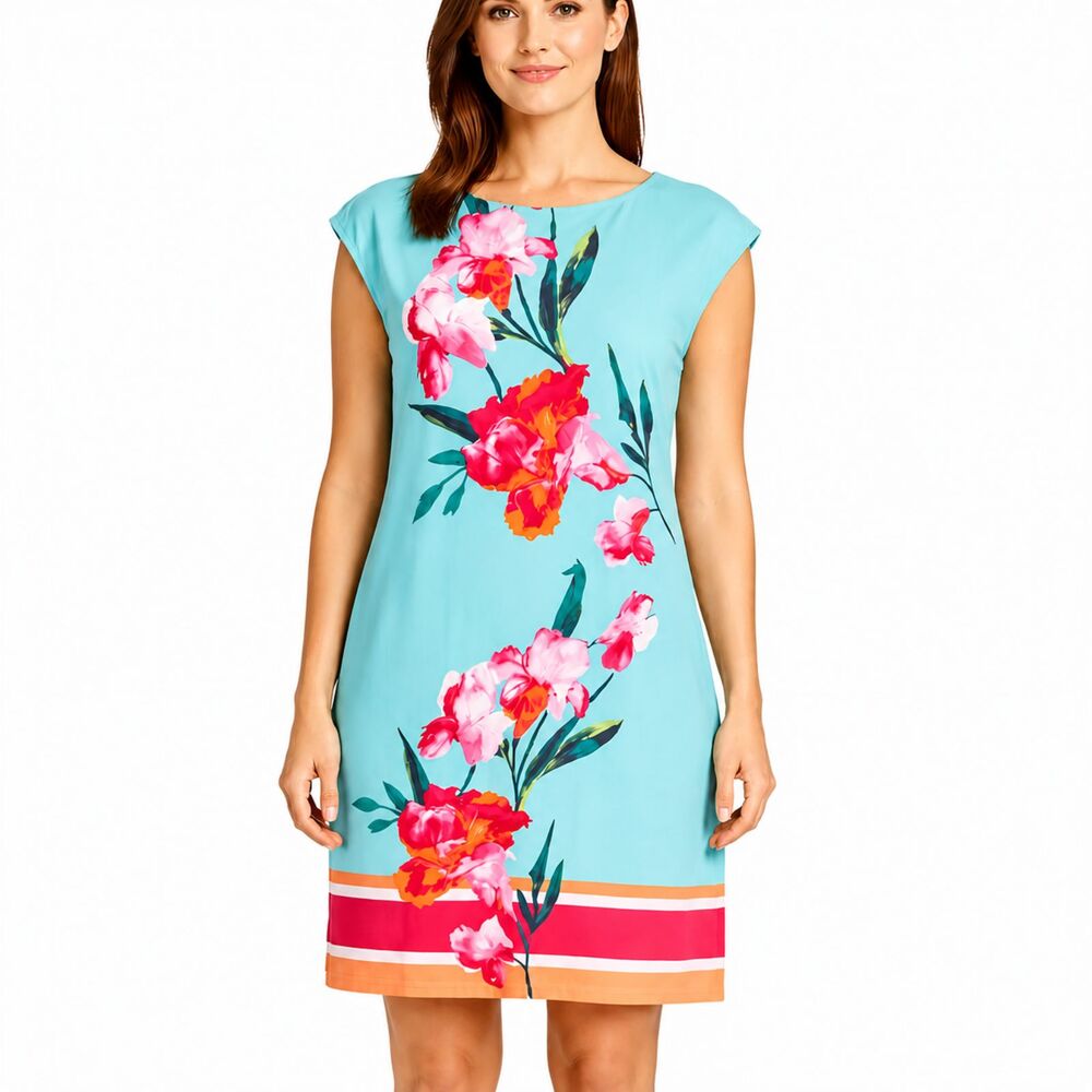 Chico's Aqua Pink Floral Cap Sleeve Sift Dress Size 2 (12) LIKE NEW